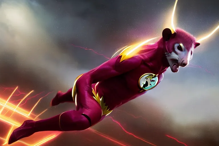 Image similar to a stunning digital painting of a opossum as the flash in spandex costume, running in the speedforce by greg rutkowski, volumetric light, digital art, fine detail, photorealistic