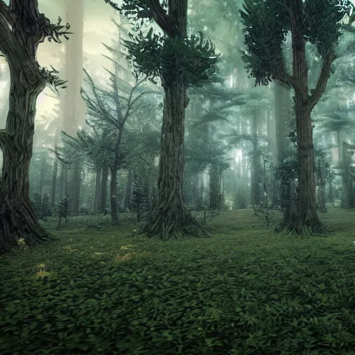Image similar to a forest with trees made of large vodka bottles, intricate linework, sharp focus, smooth, octopath traveler, final fantasy, unreal engine, dramatic lighting, ethereal, 8 k