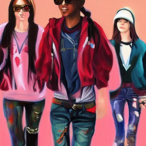 Prompt: 2000s teen Street fashion, gucci catwalk, oil painting, digital art, ultradetailed, artstation