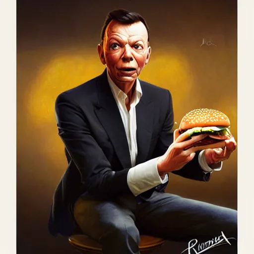 Image similar to portrait of a Frank Sinatra eating a hamburger, extra onions and ketchup, luscious patty with sesame seeds, masculine, handsome, D&D, fantasy, intricate, elegant, highly detailed, digital painting, artstation, concept art, matte, sharp focus, illustration, art by Artgerm and Greg Rutkowski and Alphonse Mucha