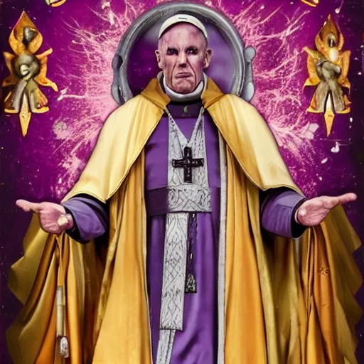 Image similar to pope thanos, purple skin, josh brolin, clerical clothes, full body shot, realistic, highly detailed