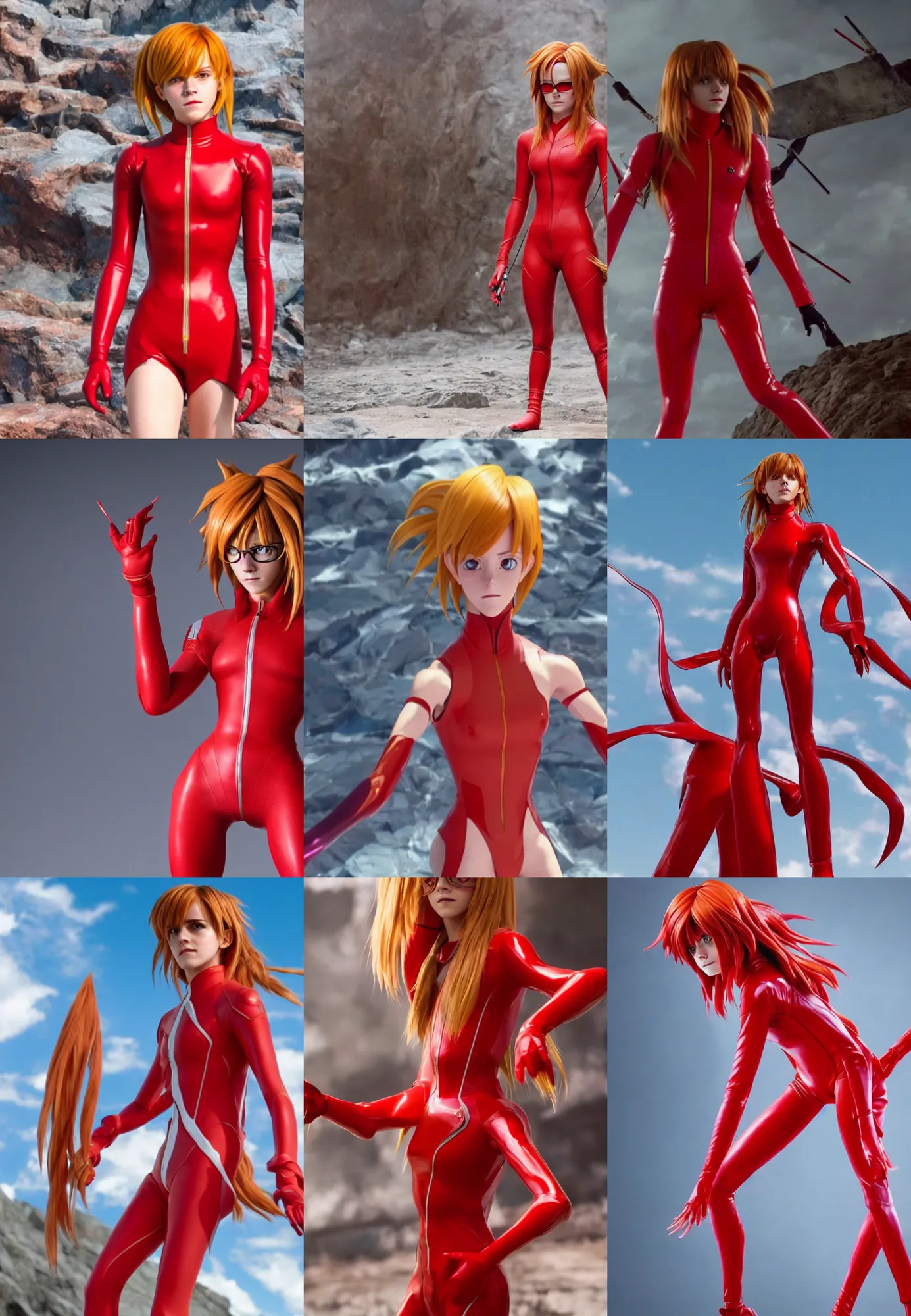 Prompt: Emma Watson cosplaying as Asuka Langley in her signature red plugsuit, centerpiece, cinematic 4K blu-ray render, japanese live-action movie