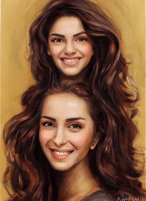 Image similar to beautiful portrait face centre oil on canvas of brunette with wavy hair, big mouth, smiling, Ebru Şahin, Reyyan, looks like Sabrina Ouazani , intricate, elegant, highly detailed, artstation, concept art, sharp focus, art by Alina Ivanchenko, Rob Ross, WLUP, artgerm