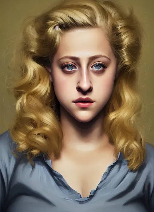 Image similar to full body portrait, teenage lili reinhart, blonde hair, obese, bangs, ponytail, sultry, realistic, sultry smirk, fluffy bangs, curly bangs, fat, belly, intricate, elegant, highly detailed, digital painting, artstation, concept art, smooth, sharp focus, illustration, art by wlop, mars ravelo and greg rutkowski