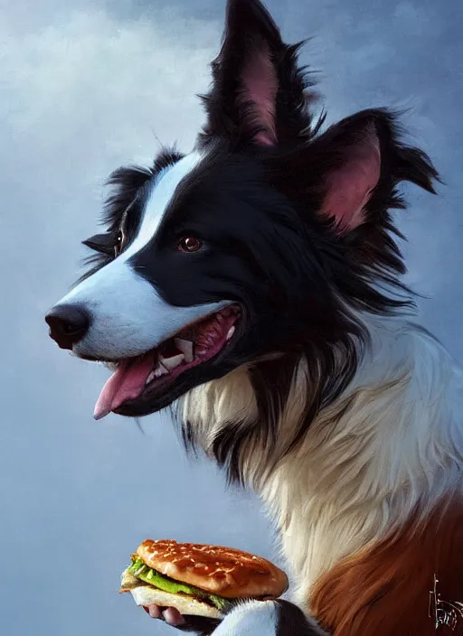 Image similar to wide shot painting of a male anthropomorphic border collie fursona eating a cheeseburger, beautiful, intricate, elegant, realistic proportions, highly detailed, scenic background, trending on artstation, art by charlie bowater and henry asencio and and ross tran