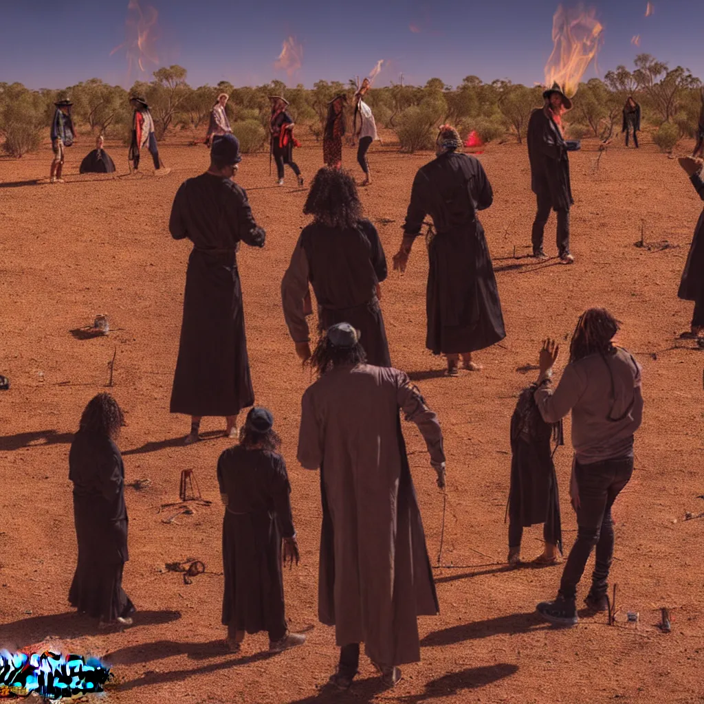 Image similar to photograph of three ravers, two men, one woman, woman is in a trenchcoat, blessing the soil at night, seen from behind, talking around a fire, two aboriginal elders, dancefloor kismet, diverse costumes, clean composition, desert transition area, bonfire, starry night, australian desert, symmetry, sony a 7 r