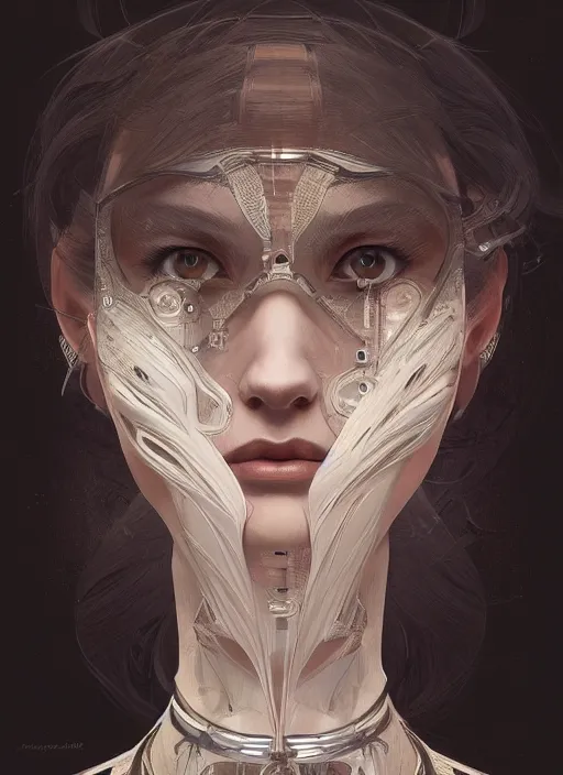 Image similar to symmetry!! alice, machine parts embedded into face, intricate, elegant, highly detailed, digital painting, artstation, concept art, smooth, sharp focus, illustration, art by artgerm and greg rutkowski and alphonse mucha, 8 k