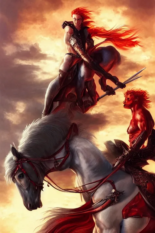 Image similar to the second horseman of the apocalypse riding a red stallion, horse is up on it's hindlegs, the rider looks carries a large sword, flames, artwork by artgerm and rutkowski, breathtaking, dramatic