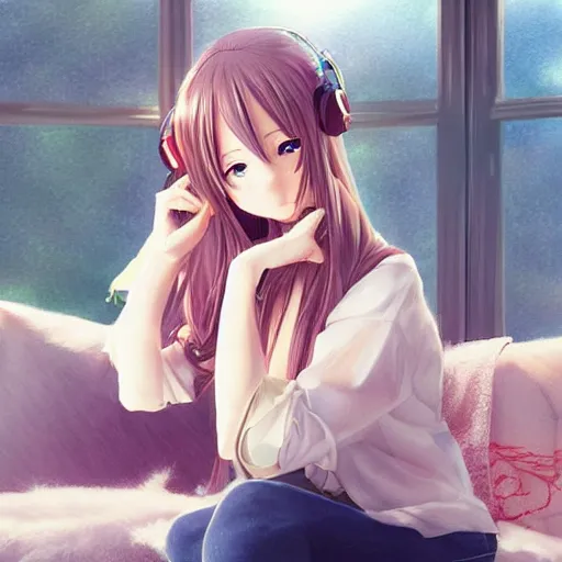 Prompt: anime beautiful girl sits on the sofa and listens to music, the sun shines through the window, highly detailed, 8 k, pixiv, in style of kyoto animation, art by artgerm and cushart krenz