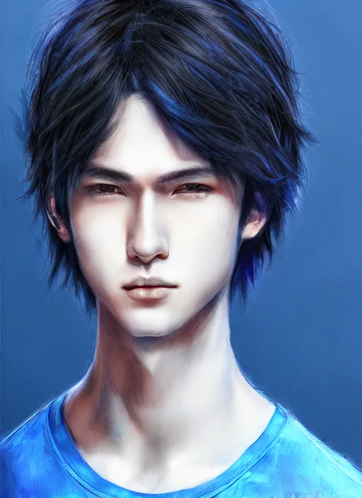 Prompt: handsome young man with short black hair, male, dressed in blue, looking down, half body shot, arms down, path traced, highly detailed, high quality, digital painting, ayami kojima