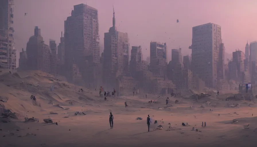 Prompt: new york city under tons of sand, sand dunes, people walking, heat wave, damaged buildings, collapsed buildings, hyperdetailed, artstation, cgsociety, 8 k