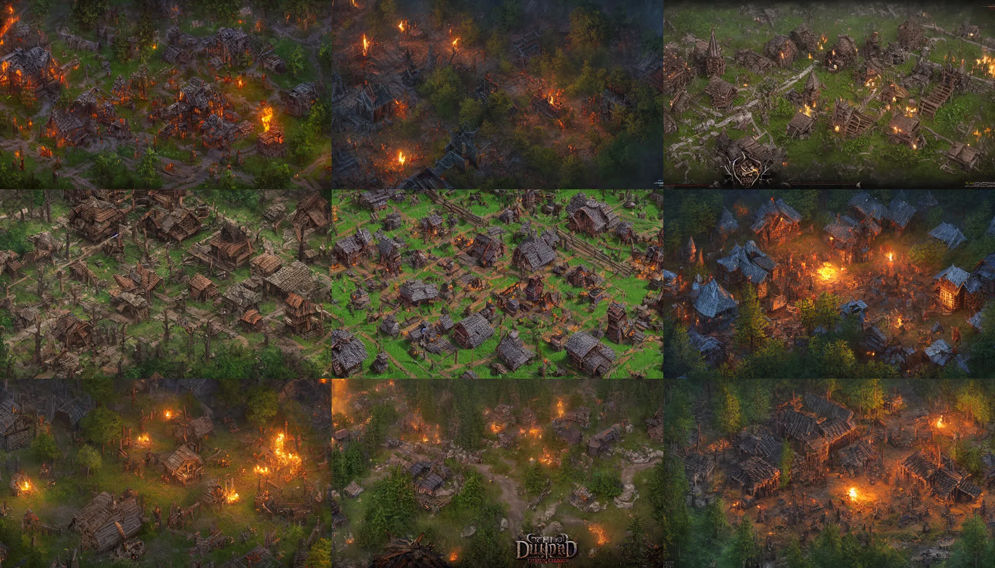 Prompt: Game top down view, а slavic wooden village palisaded , everywhere dark night lit by torches, build in a forest near of a lake, realistic, detailed, artstation, cgsociety, 8k, dark fantasy, gloomy, inspired by games Diablo 3, Grim dawn, Path of exile