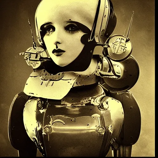 Prompt: portraits of an retro futuristic steampunk robot maidsa by Louis Daguerre