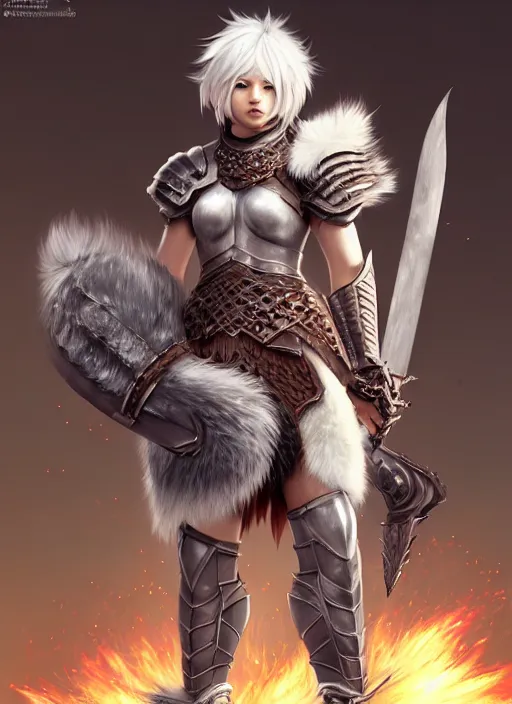 Prompt: warrior, fur - lined heavy armor!!! beautiful and athletic white hair female!! monster hunter!! character concept art, sharp focus, octane render! unreal engine 5! highly rendered!! trending on artstation!! detailed linework!! illustration by artgerm, wlop, and chie yoshii