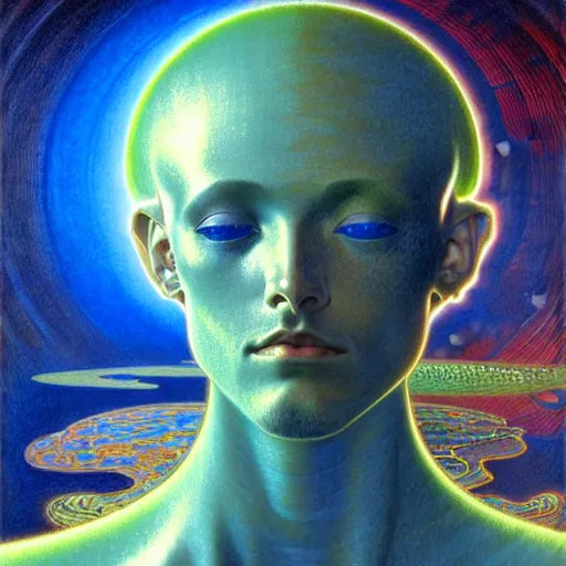 Image similar to realistic extremely detailed portrait painting of a glowing male silhouette, futuristic sci-fi landscape on background by Jean Delville, Amano, Yves Tanguy, Alphonse Mucha, Ernst Haeckel, Edward Robert Hughes, Roger Dean, rich moody colours, blue eyes