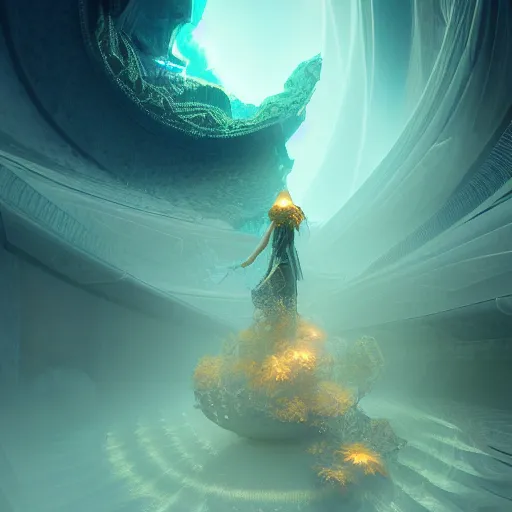 Image similar to within a flower the whole and finite capsule apparent with awe the apparition, an idea seep's into infinity highly detailed in volumetric latent space, golden turquoise steampunk, high contrast cinematic light, mystical shadows, sharp focus, divine realm of gods, octane render, artist by greg rutkowski,