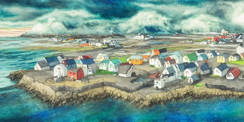 Image similar to a beautiful painting of a icelandic fishing village, storm clouds gathering over the town, by studio ghibli 8 k pastel colours, isometric drone shot smeared watercolours, golden light film grain