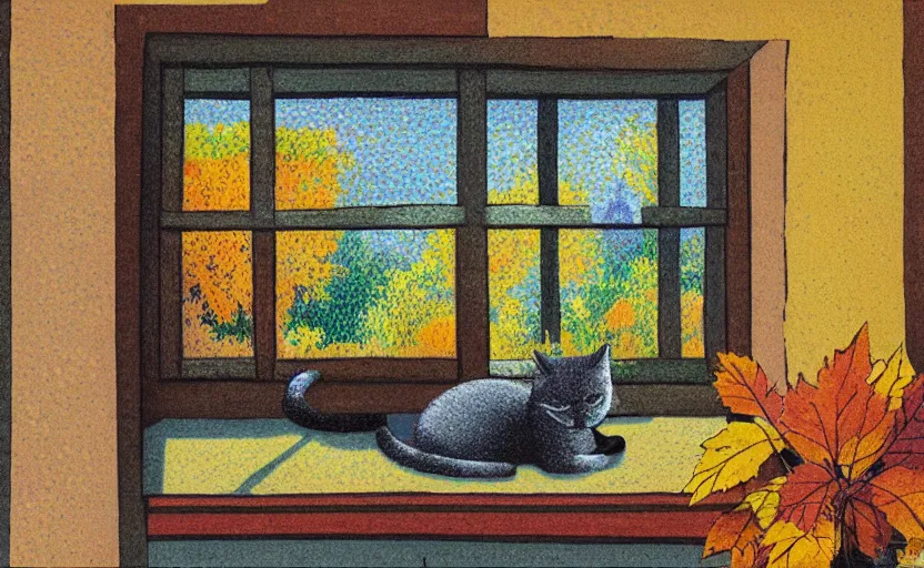 Prompt: sleeping cat on window, inside house in village, plants, autumn colors, divisionism and pointillism style