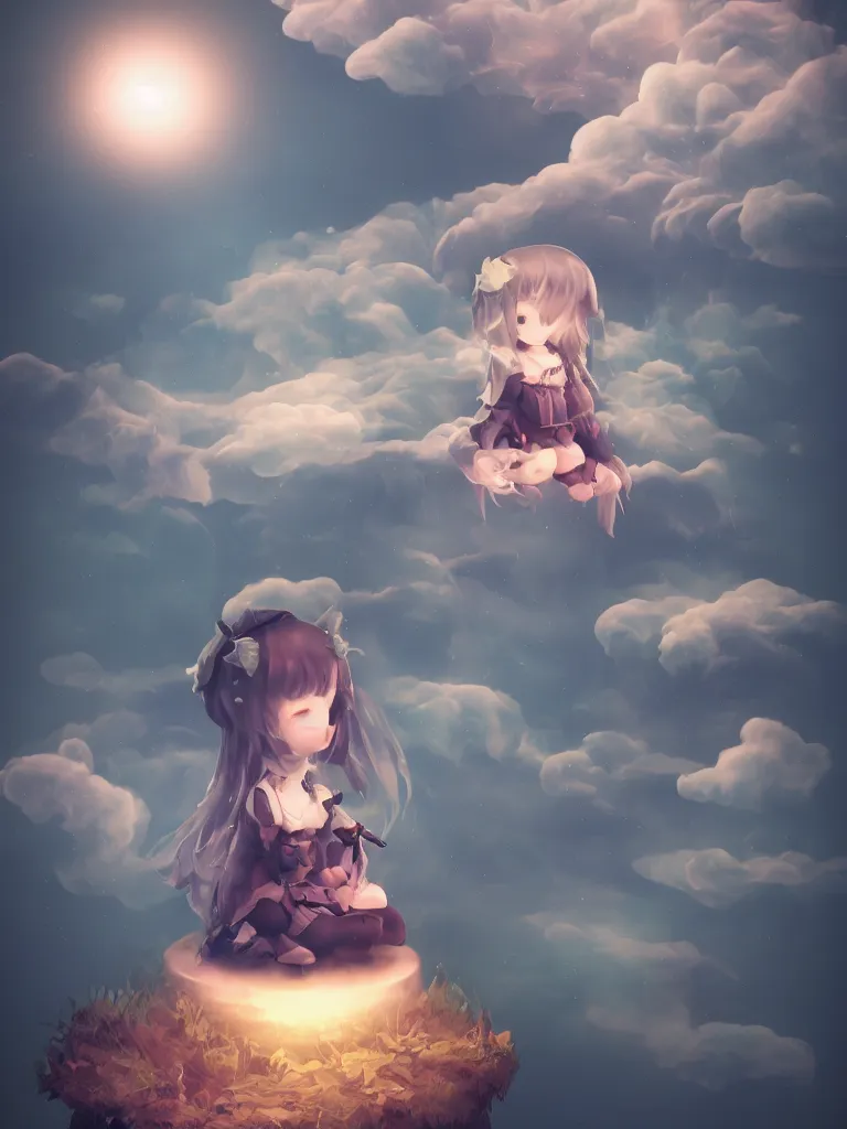 Image similar to cute fumo plush gothic maiden girl sitting on a floating island, isometric projection, wisps of smoke and volumetric fog, vignette, orthographic, vray