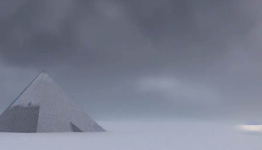Image similar to brutalist grey pyramid in edge of artic mountains snow hills in the distance, volumetric light, storm, hyperdetailed, artstation, cgsociety, 8 k