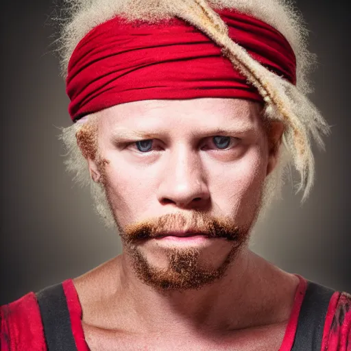 Prompt: photo portrait of an rugged albino african pirate with a red headband | brown brown!!!!! vest | young adult, thin blonde mustache, afro blonde hair, stern face, rugged and dirty, cinematic lighting at sundawn, movie color grading