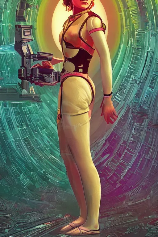 Image similar to attractive female android in feminine pose on a hyper-maximalist overdetailed retrofuturist scifi bookcover illustration from '70s. Biopunk, solarpunk style.