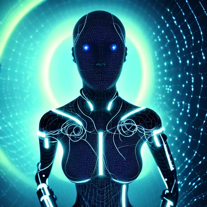 Prompt: female cyborg, entwined by light frequencies and wiring, octane render, floating in the universe, surrounded by stars and black holes, dark surreal, light shining through, hyper - realistic, highly detailed, sharp focus, smooth, intricate