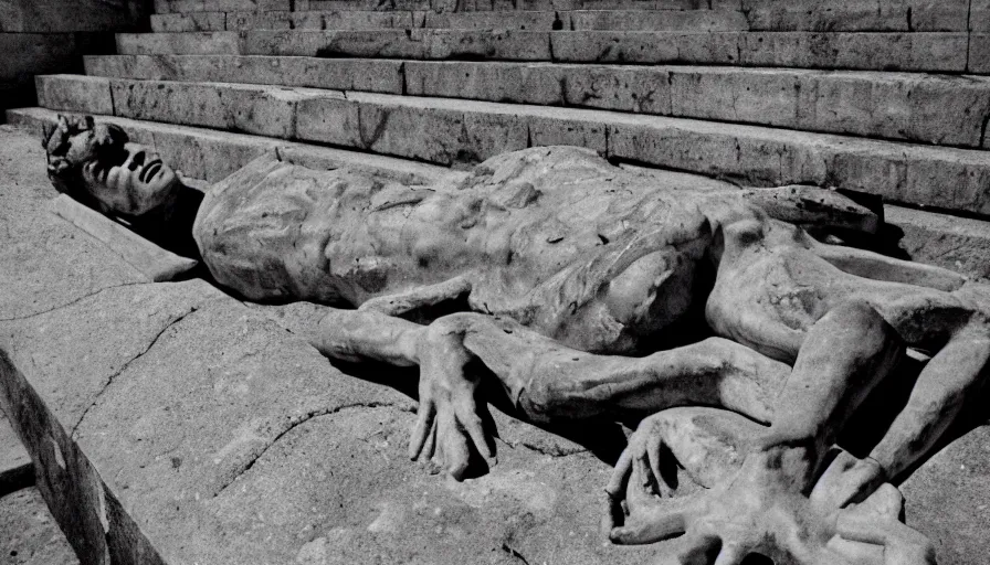 Image similar to 1 9 6 0 s movie still close - up of caligula laying dead on the ancient amphitheater's stairs wounded on the torso, cinestill 8 0 0 t 3 5 mm, high quality, heavy grain, high detail, dramatic light, anamorphic