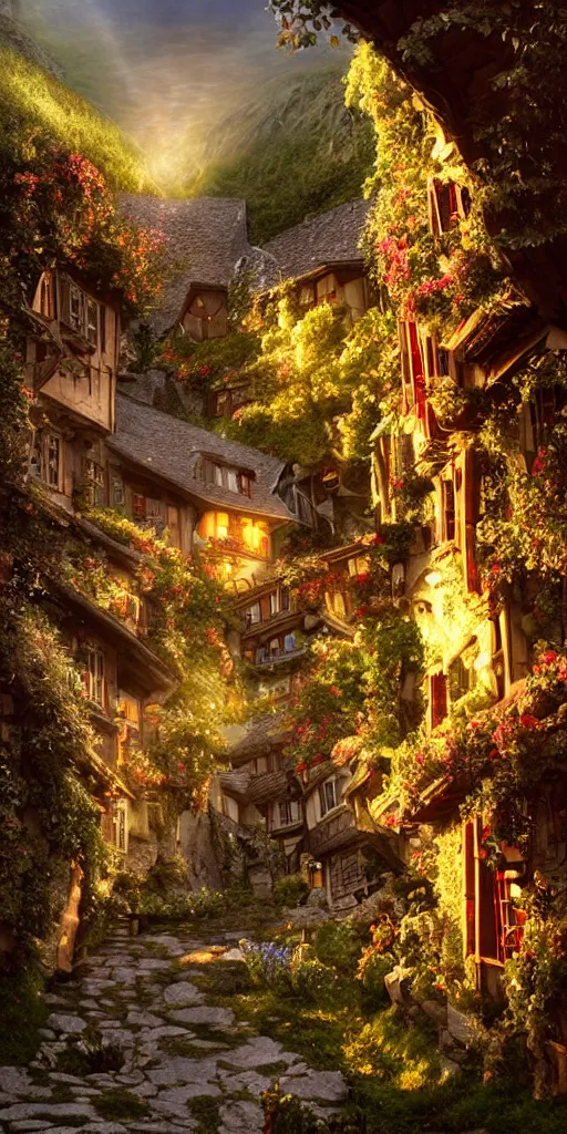 Image similar to my precious! - the hobbit - j. r. r. tolkien - a medieval village in switzerland, ornate, beautiful, atmosphere, vibe, flowers, concept art illustration, greg rutowski, volumetric lighting, sunbeams, particles