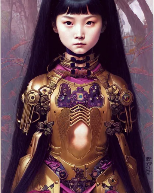 Prompt: portrait of beautiful cute young goth asian maiden girl with braided hair in warhammer mechanical armor, high details, art by ( ( ( kuvshinov ilya ) ) ) and wayne barlowe and gustav klimt and artgerm and wlop and william - adolphe bouguereau