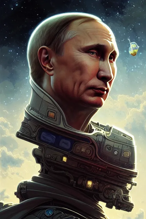 Image similar to Portrait of Putin in space, D&D, face, dark fantasy, intricate, elegant, highly detailed, digital painting, artstation, concept art, smooth, sharp focus, illustration, art by artgerm and greg rutkowski and alphonse mucha