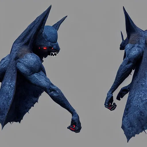 Image similar to front and back character view of scary giant mutant dark blue humanoid bat, glowing red eyes flying above a stormy ocean, sharp teeth, acid leaking from mouth, realistic, giant, bat ears, bat nose, bat claws, bat wings, furred, covered in soft fur, detailed, trending on artstation clean concept art and sheet that using unreal engine 5 render and hyper detailed 3D texture with cinematic software light 85mm f/1.4