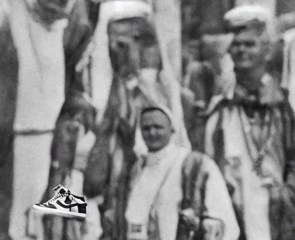 Prompt: press photograph of john paul ii wearing jordan 1 sneakers