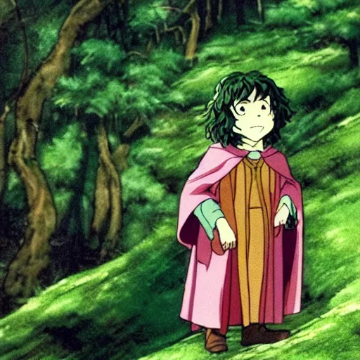 Image similar to peregrin took from the anime lord of the rings (1986), dark hair, green cape, hobbit, in the forest, studio ghibli, very detailed, realistic