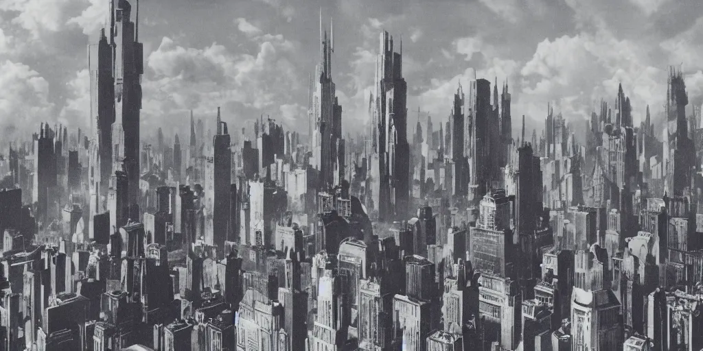 Prompt: vintage analog photograph of a gigantic futurist city, in the style of a metropolis film still, with gigantic clouds visible above the skycrapers, heavy film grain, red color bleed, rich azure tones