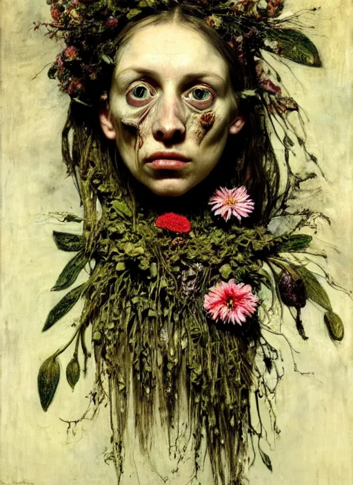 Prompt: beautiful and detailed rotten woman made of plants and many different types of flowers, muscles, intricate, organs, ornate, surreal, john constable, guy denning, gustave courbet, caravaggio, romero ressendi