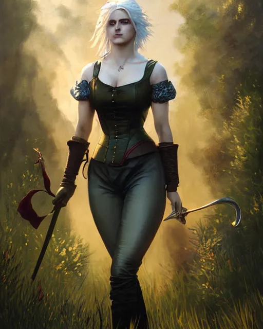 Image similar to Pre-Raphaelite Ciri from Witcher 3 by Artgerm and Greg Rutkowski, sunrise, backlit, wearing haute couture by schiaparelli, sharp focus, sun rays, full body, intricate, elegant, highly detailed, digital painting, pale