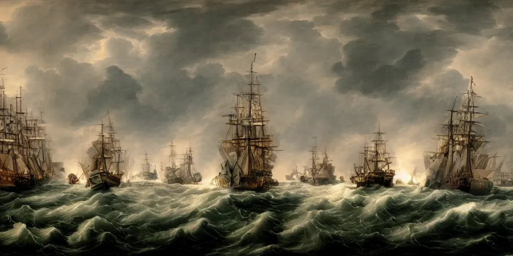 Image similar to an epic naval battle in the 1700s in a storm at night, high definition, high detail, photorealistic, 8k