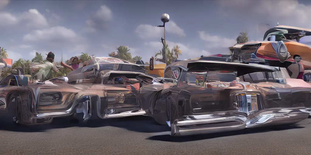 Image similar to highly detailed photo of an award winning lowrider, cruising at a car show, car bounce, air suspension, fan girls, 8 k, octane render, unreal engine, ue 5, photoshop, maya, ray tracing