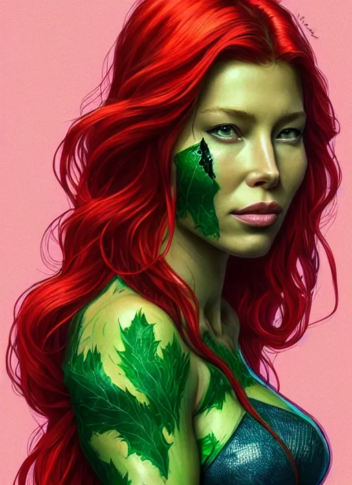 Image similar to jessica biel as poison ivy, character concept art, trending on artstation, red hair, highly detailed, high quality, digital illustration, alena aenami, alphonse mucha, tom bagshaw