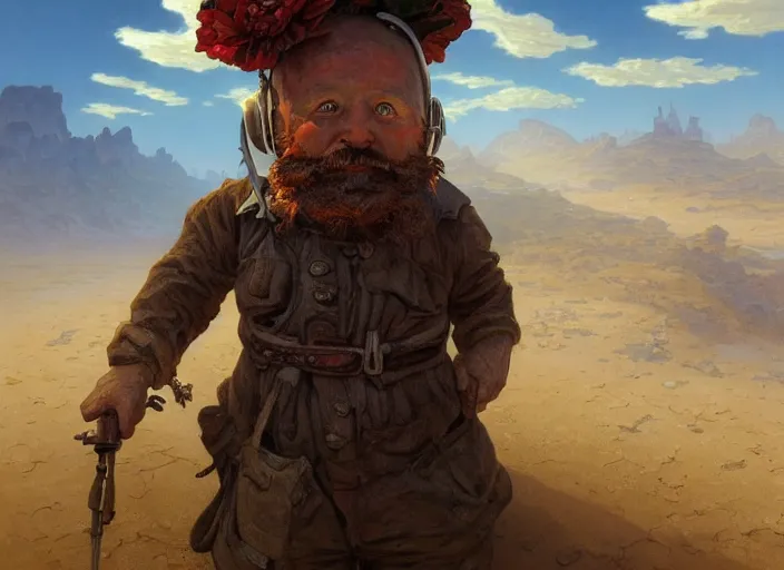 Image similar to a forgotten garden gnome surviving in a vast barren desert, hopeless wasteland background with a relentless raging sun overhead, hot, oppressive, an ultrafine detailed painting by stanley artgerm lau, greg rutkowski, thomas kindkade, alphonse mucha, loish, trending on deviantart, pop surrealism, whimsical, lowbrow, perfect symmetrical face