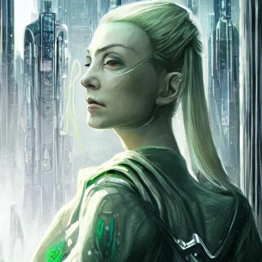 Image similar to cyberpunk galadriel, ethereal, wide shot, Lord of the Rings, Neuromancer, science fantasy, portrait, cityscape background, highly detailed, digital painting, artstation, concept art, sharp focus, illustration, art by artgerm and greg rutkowski and magali villeneuve, white and green color scheme