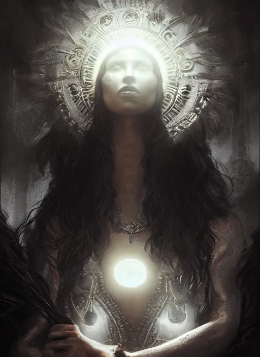 Image similar to aztec sun goddess, dark shadows, contrast, concept art, sharp focus, digital art, Hyper-realistic, 4K, Unreal Engine, Highly Detailed, Dramatic Lighting, Beautiful, by bastien lecouffe-deharme