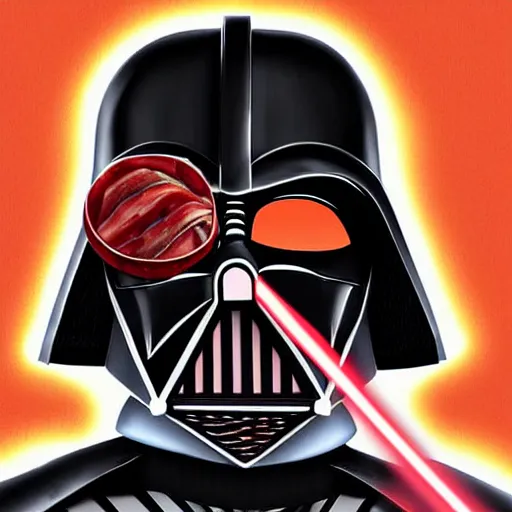 Image similar to darth vader putting stips of bacon on his helmet, digital art, photorealistic, hyperdetailed