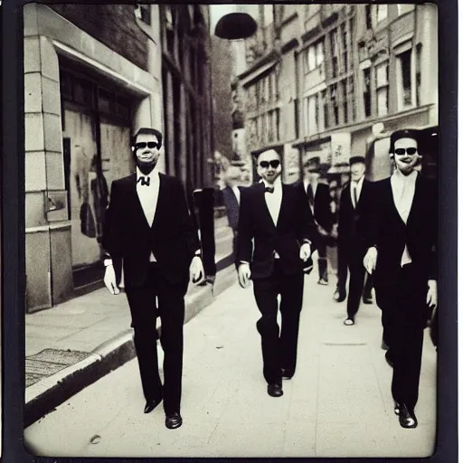 Image similar to wide-shot low angle of empty formal suits walking down the Night Vale street, polaroid photo, by Andy Warhol