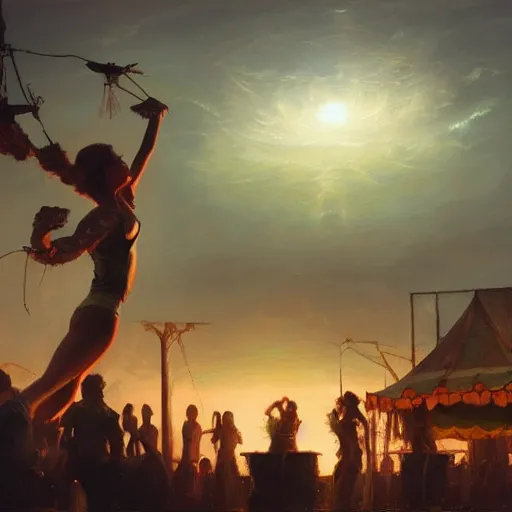 Image similar to concept art, air dancers by farmer's market, 8 k, by james gurney, greg rutkowski, and john howe, background of the sky at dusk, artstation