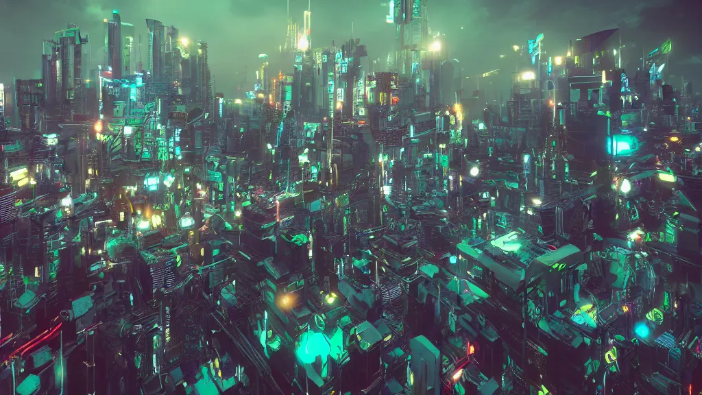 Image similar to cyberpunk city built in the sky, atop clouds, fluorescent led, made in blender, octane render, cinematic, volumetric lighting, futuristic,, hyperrealistic, highly detailed, colourful 4 k hd