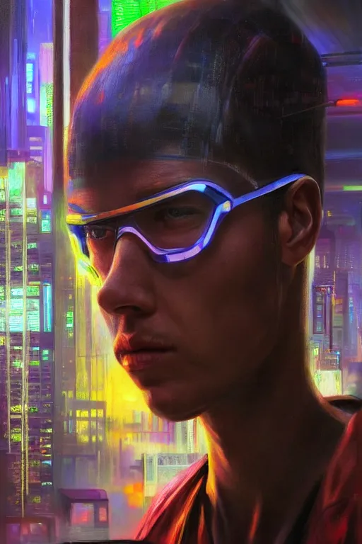 Image similar to realist portrait in a cyberpunk city by Jerad Marantz hyperrealistic oil painting, 4k, studio lightning