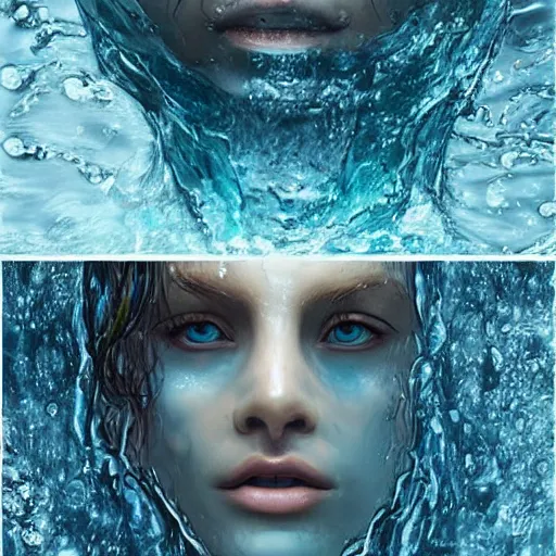 Image similar to the face of a person entirely made of water. Water formed into the shape of a human. Amazing beautiful fantasy art, trending on artstation