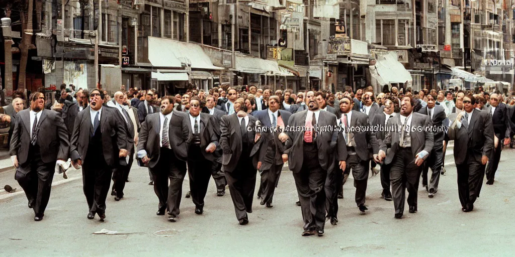 Image similar to A large group of chubby men in suits and neckties parading through the street canes, overcast day, 1990s, color.